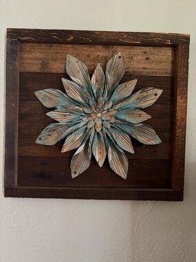 Distressed Turquoise and Brown Layered Floral Wall Art